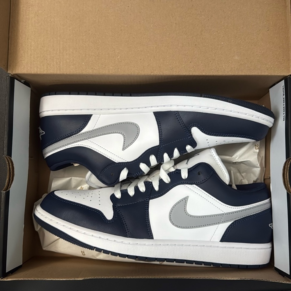 Air Jordan 1 Low - White/Wolf Gray-Midnight Navy - size 12. New in box.